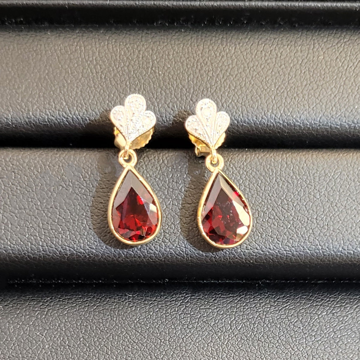 9ct Yellow Gold Garnet Diamond Drop Earrings