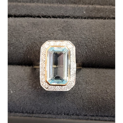 9ct Yellow Gold Large Blue Topaz & Diamond Rectangle Cluster Ring
