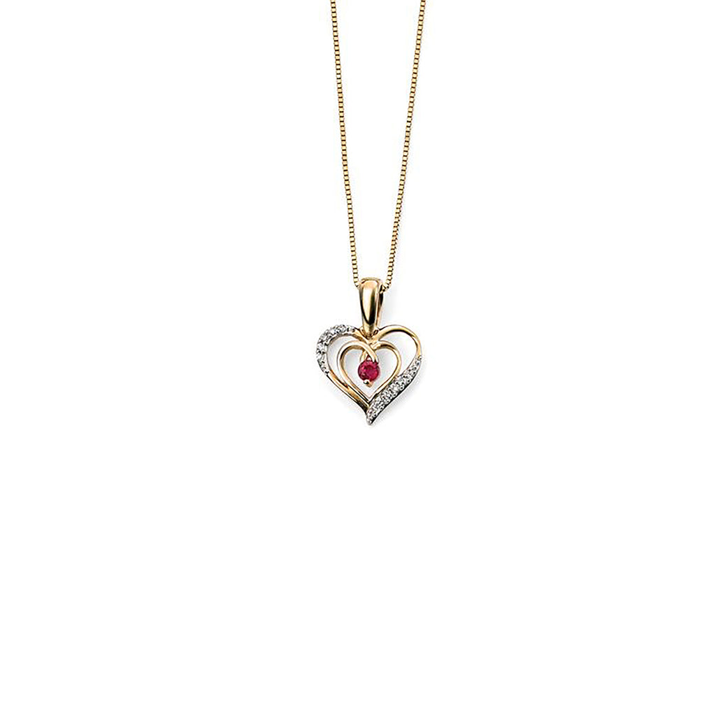 9ct Yellow Gold Ruby & Diamond Heart Pendant Necklace