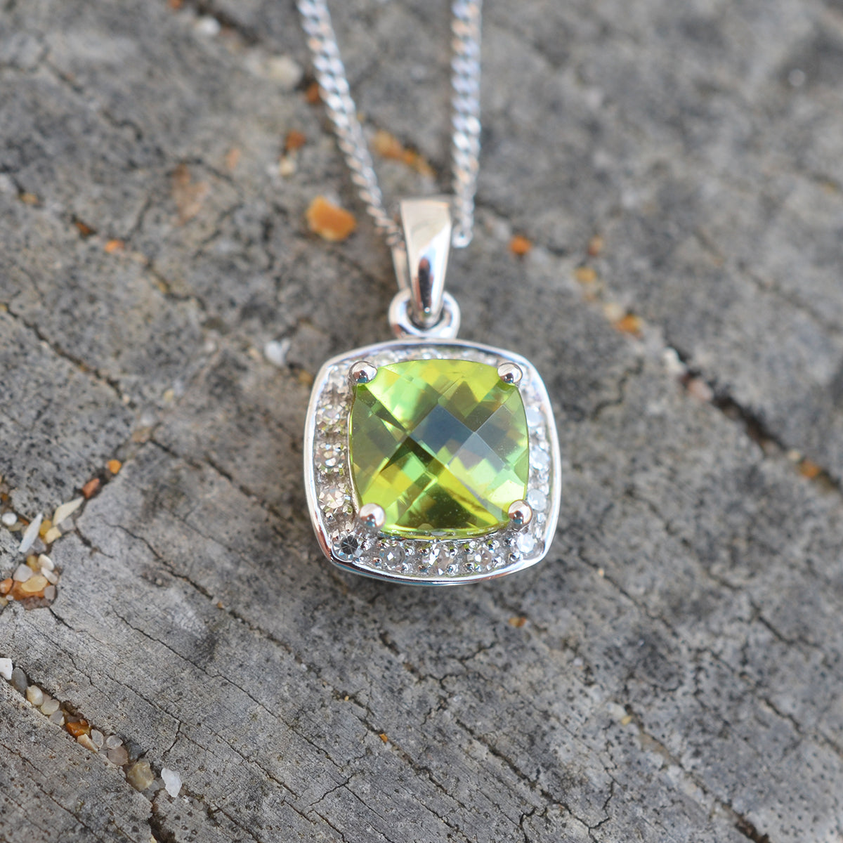 9ct White Gold Peridot Diamond Pendant Necklace
