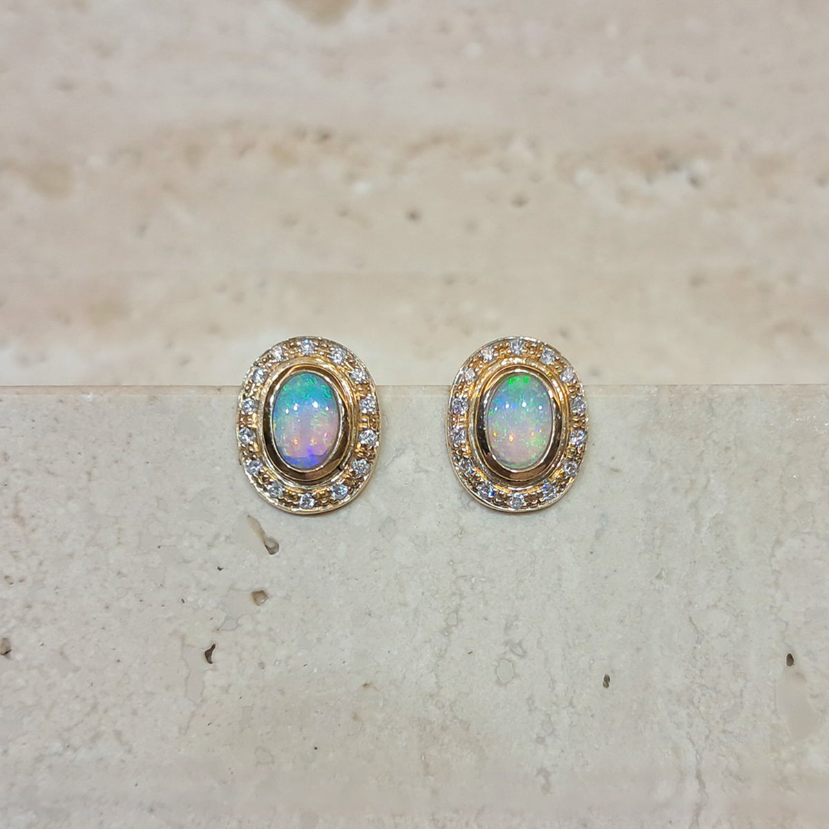 14ct Yellow Gold Australian Opal & Diamond Stud Earrings