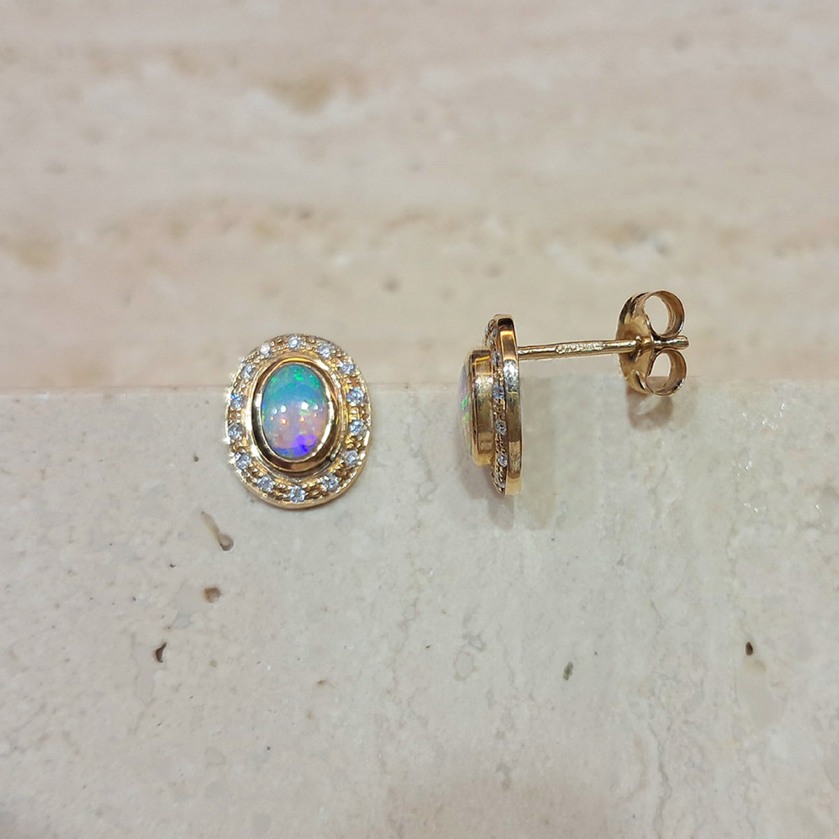14ct Yellow Gold Australian Opal & Diamond Stud Earrings