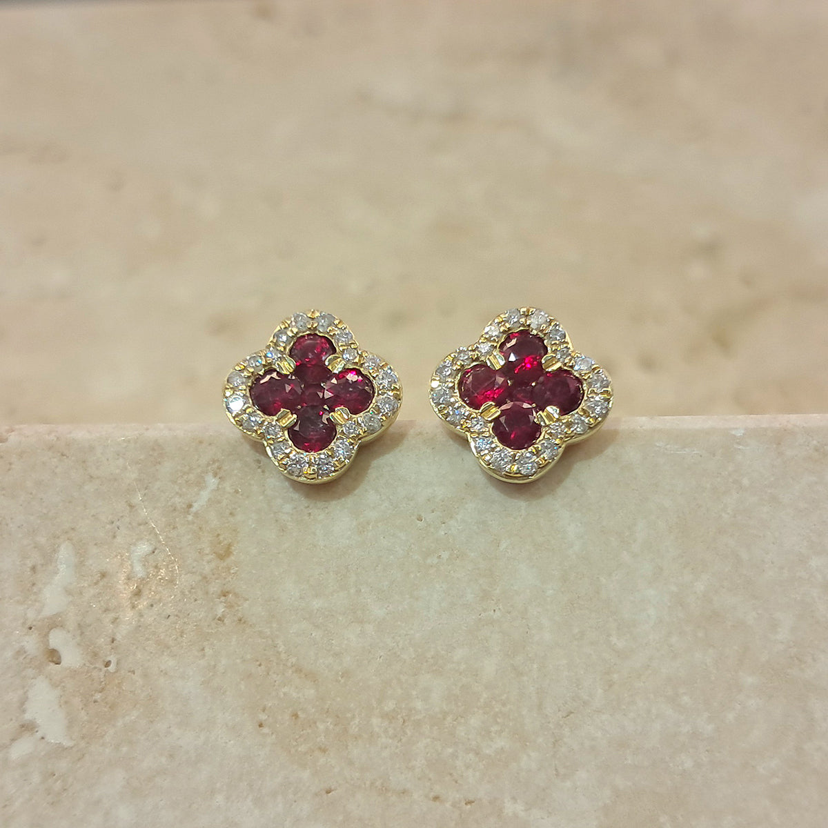 18ct Yellow Gold Ruby & Diamond Clover Stud Earrings