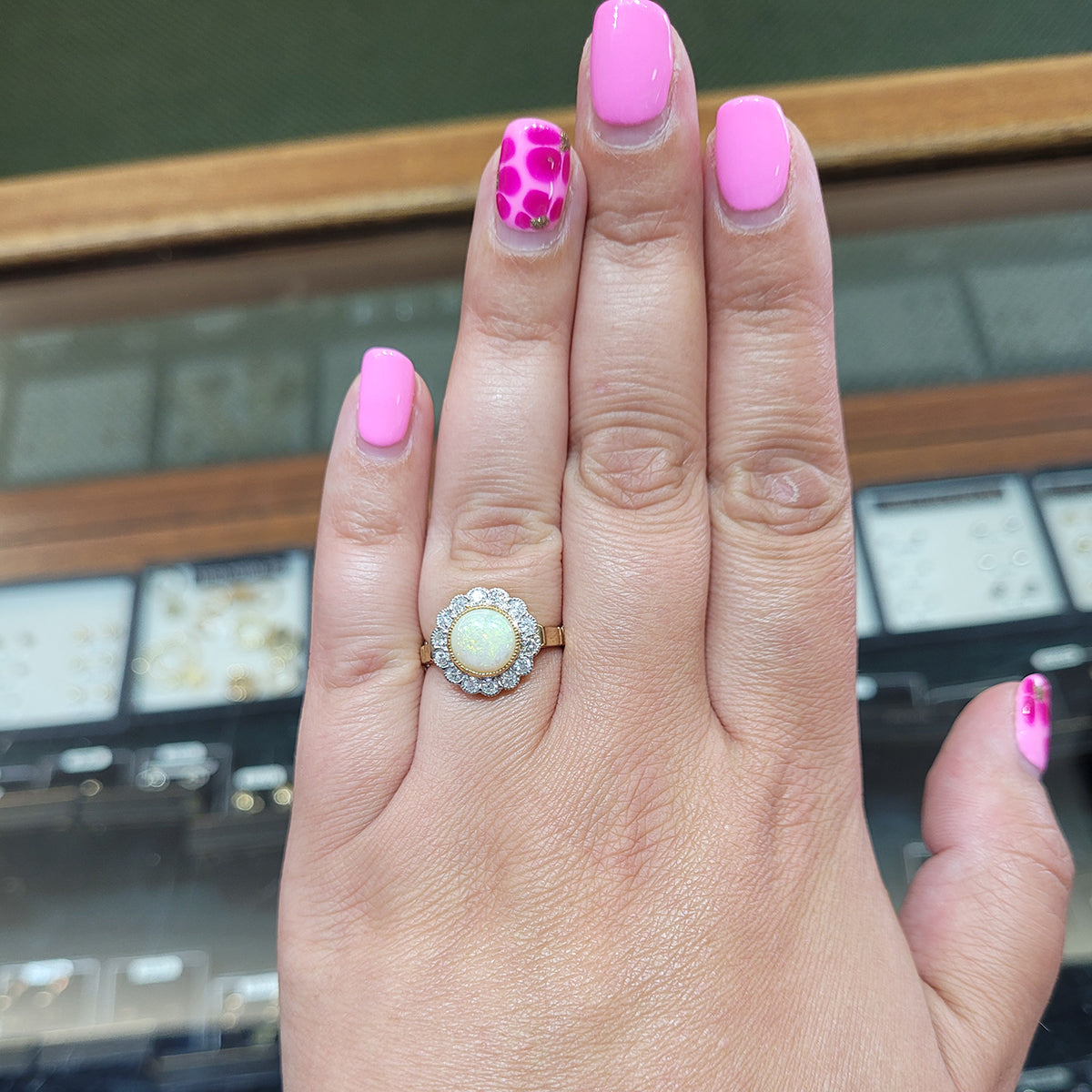 9ct Yellow Gold Opal & Diamond Cluster Ring