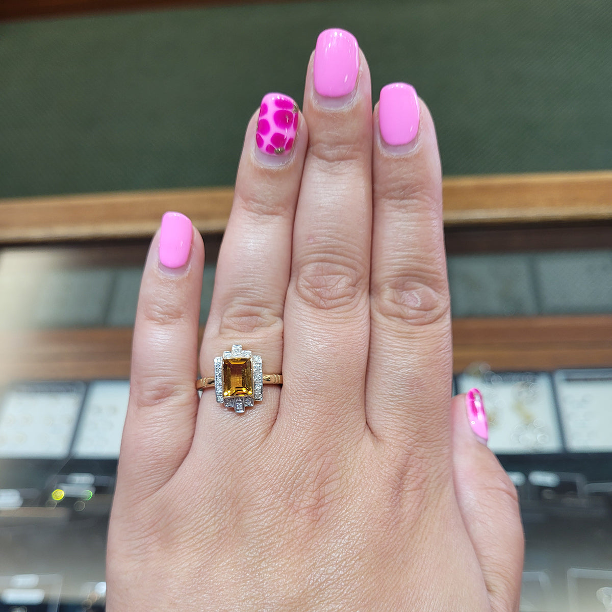 9ct Yellow Gold Art Deco Style Citrine & Diamond Ring