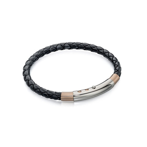 Black Leather & Rose Gold Plated Stainless Steel Bracelet