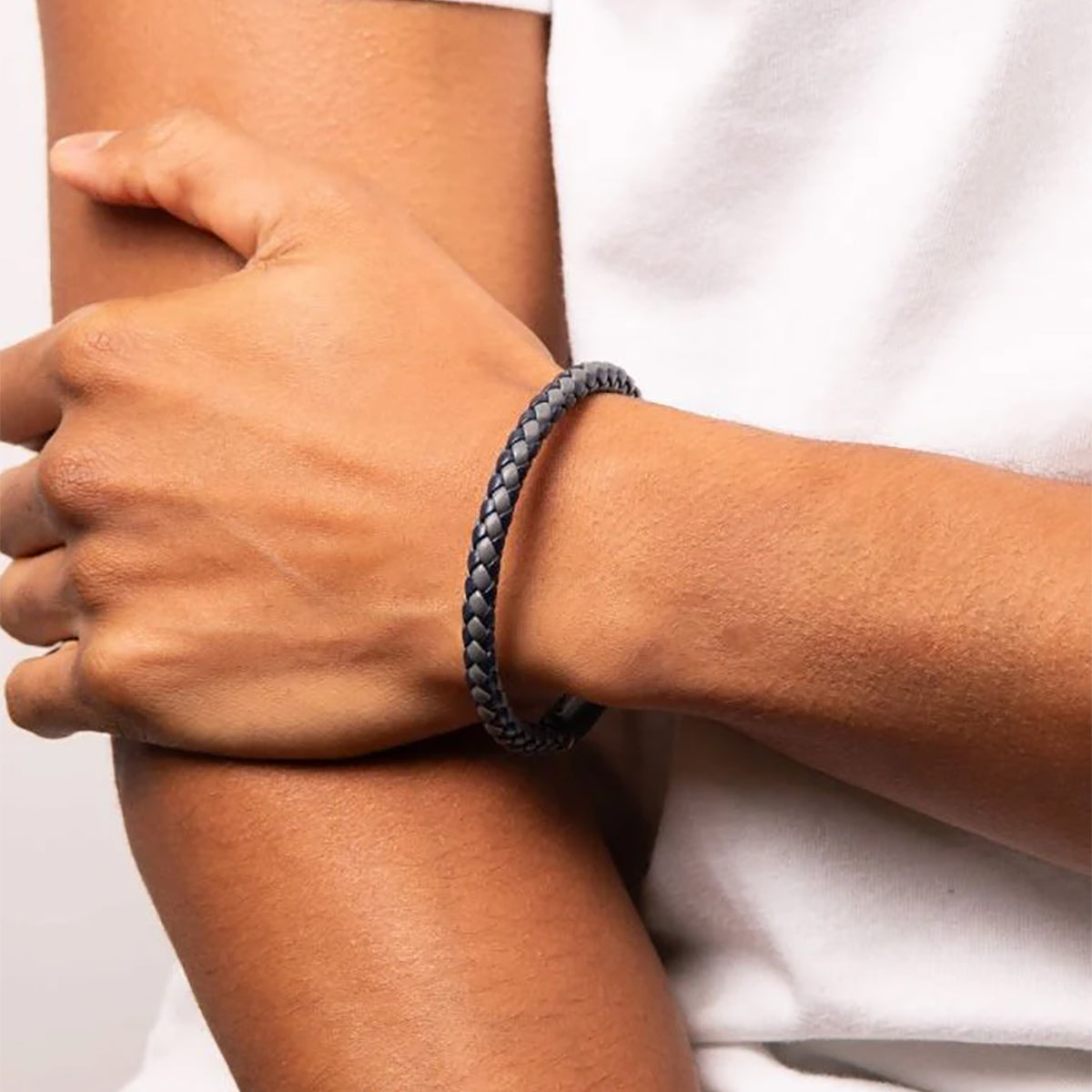 Two Tone Woven Leather & Stainless Steel Bracelet