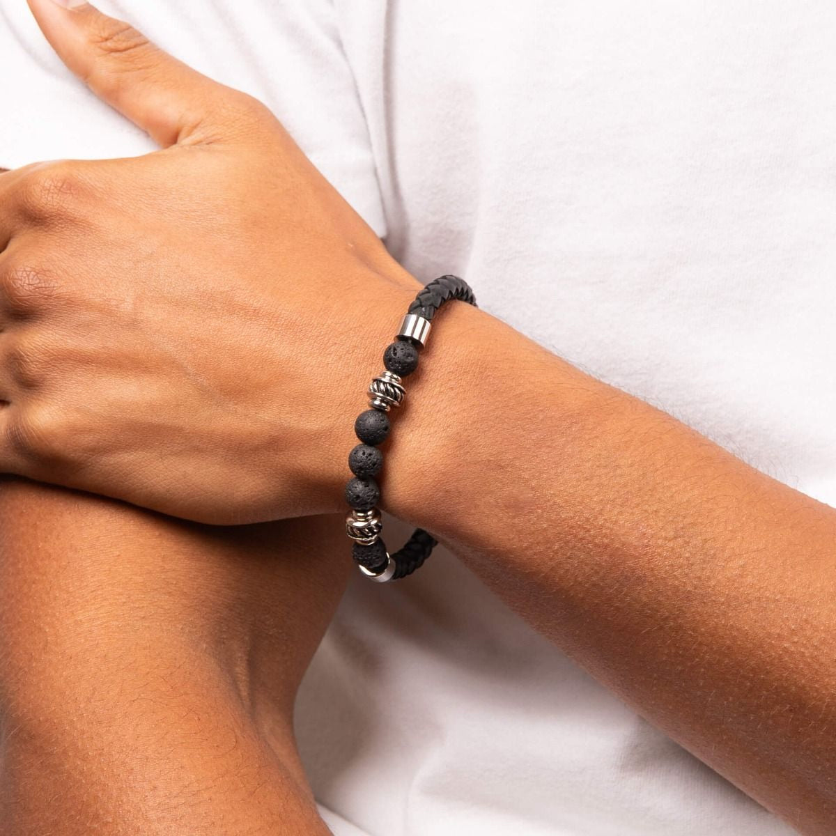 Black Leather & Lava Bead Bracelet