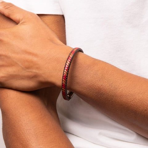 Tan & Red Leather & Stainless Steel Bracelet