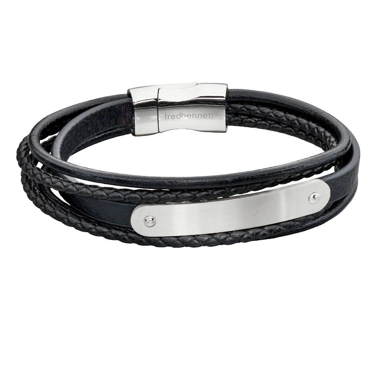 Black Leather Multi Strand Bracelet with ID Bar