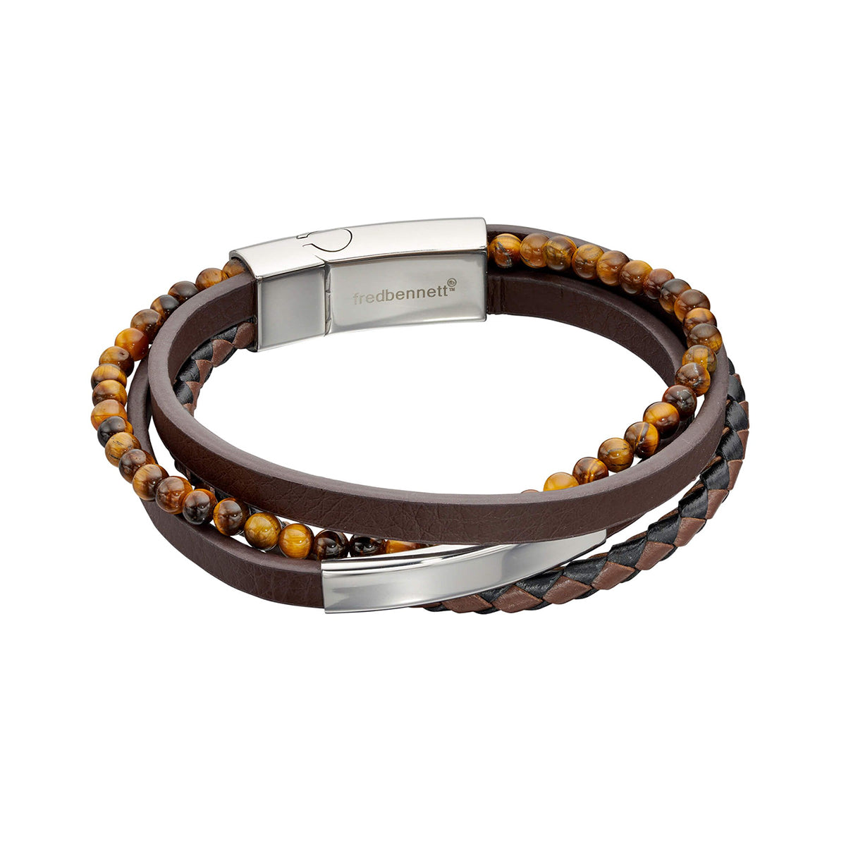 Multi Row Brown Leather and Tigers Eye Bracelet