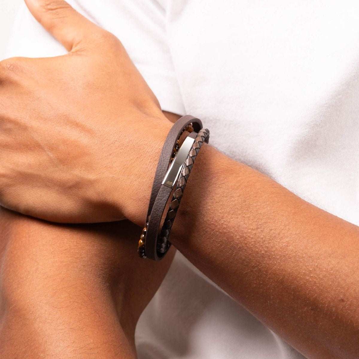 Multi Row Brown Leather and Tigers Eye Bracelet
