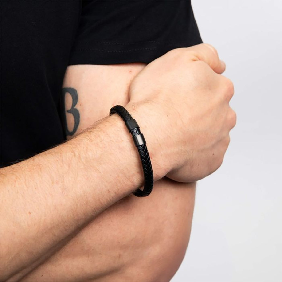 Plaited Black Leather & IP Bracelet