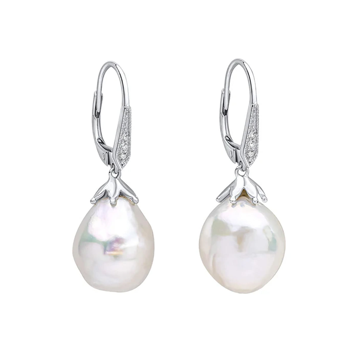 9ct White Gold Baroque Pearl & White Topaz Drop Earrings