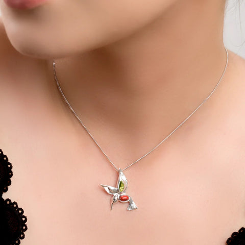 Sterling Silver Hovering Hummingbird Pendant Necklace with Amber & Coral