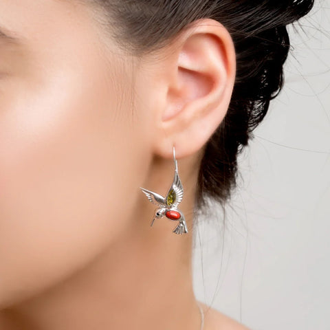 Sterling Silver Hovering Hummingbird Drop Earrings with Amber & Coral