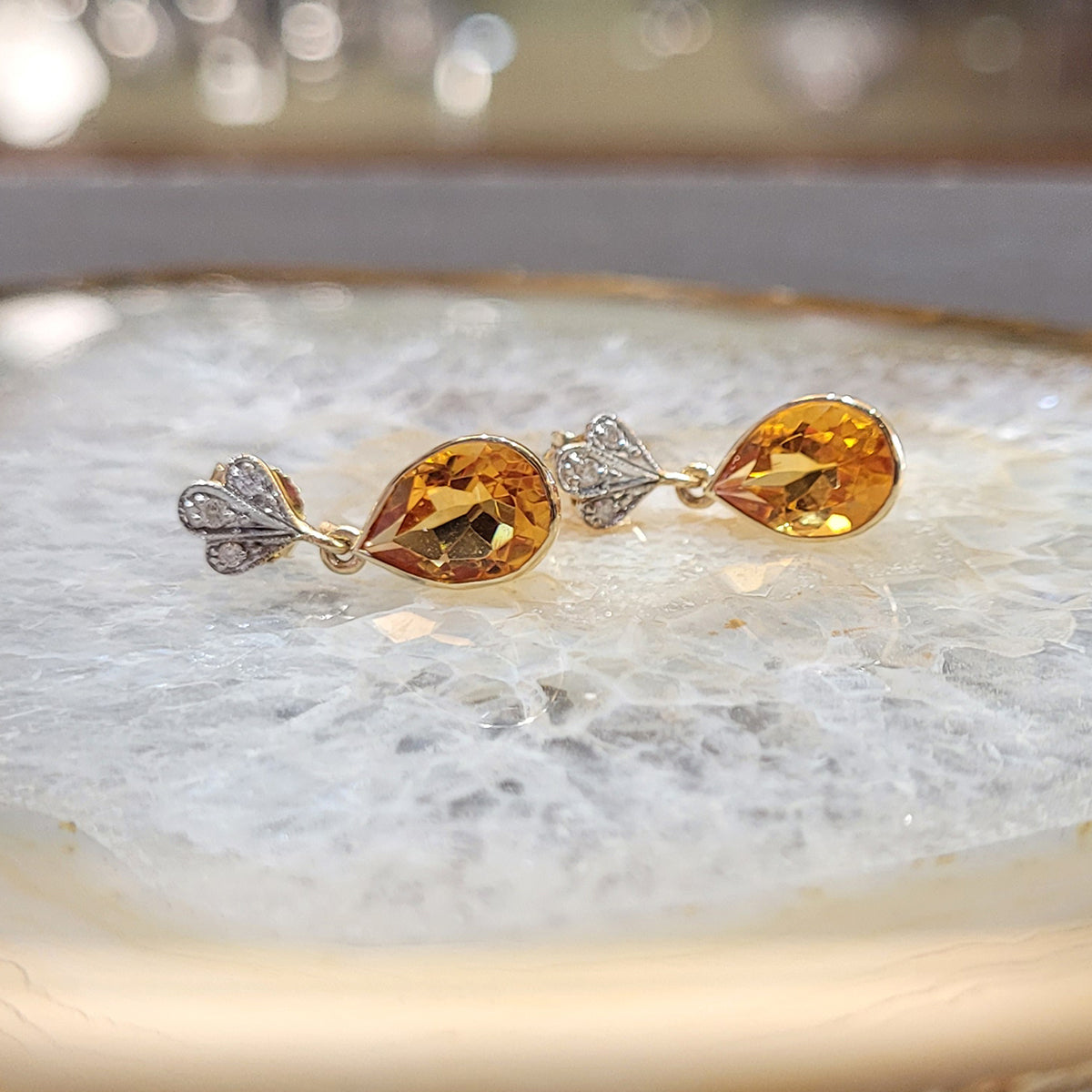 9ct Yellow Gold Citrine & Diamond Drop Earrings