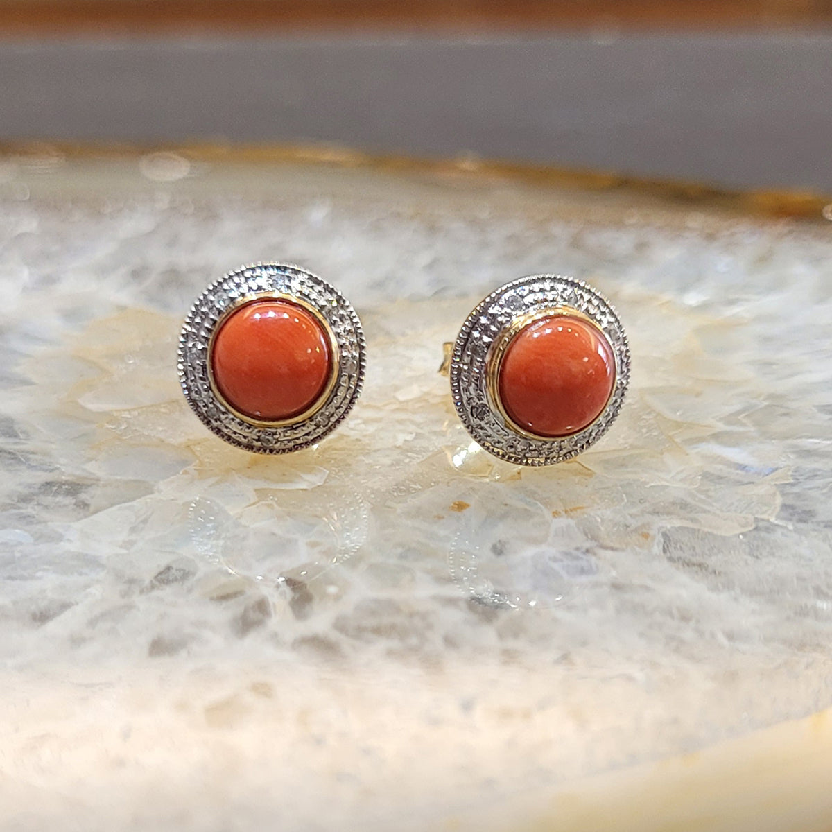 9ct Yellow Gold Coral & Diamond Stud Earrings