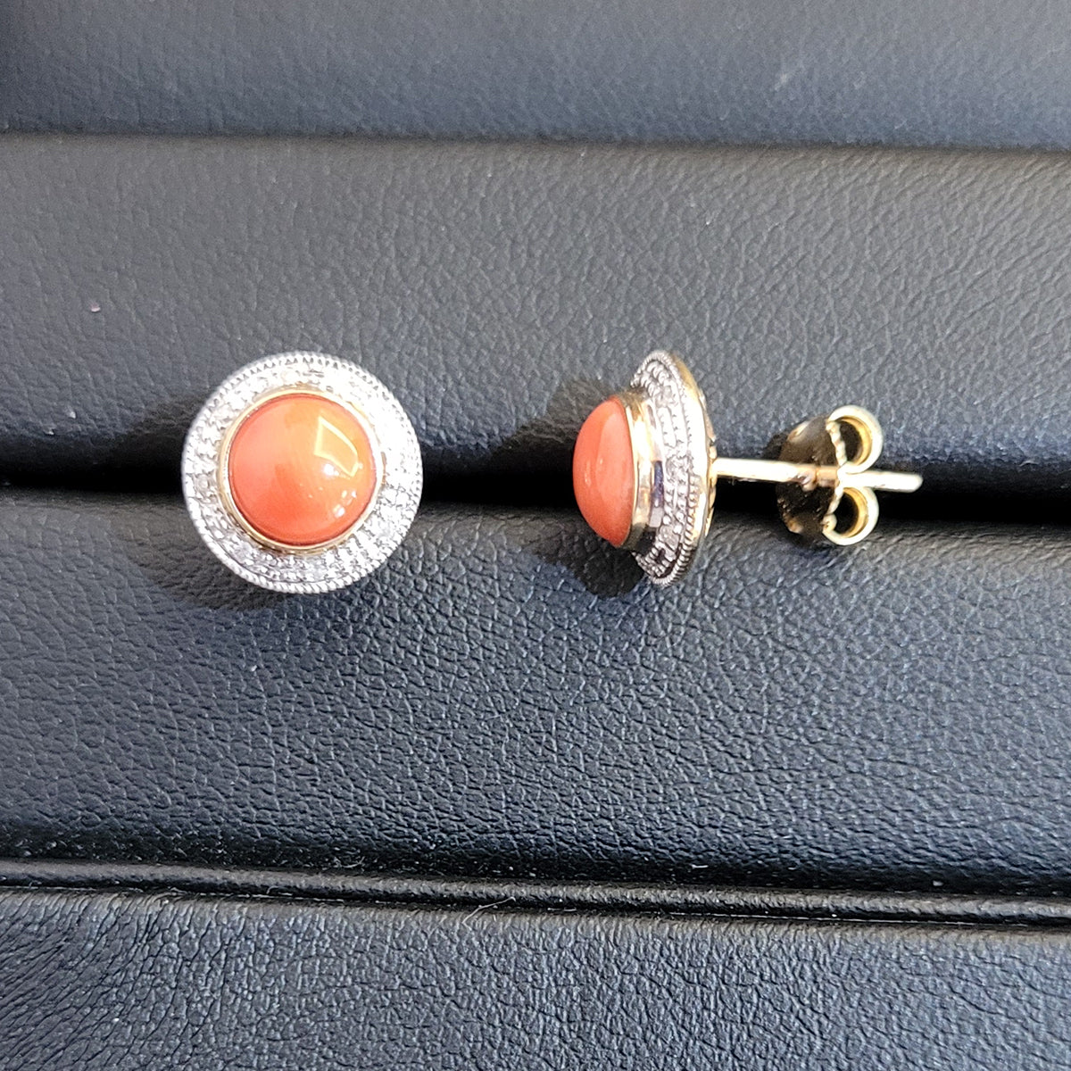 9ct Yellow Gold Coral & Diamond Stud Earrings