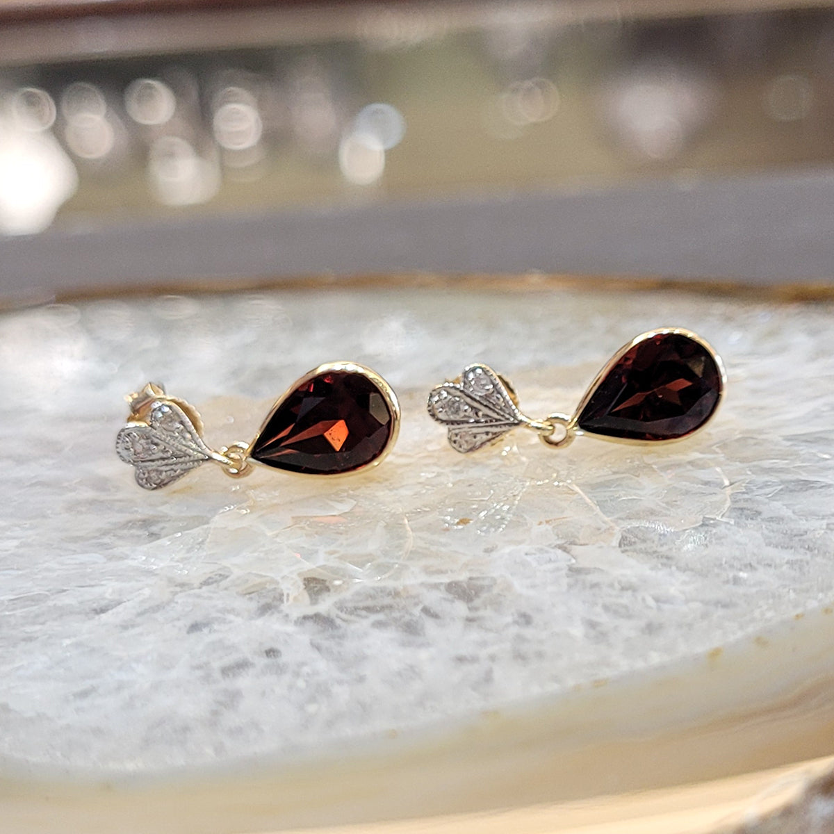 9ct Yellow Gold Garnet & Diamond Drop Earrings
