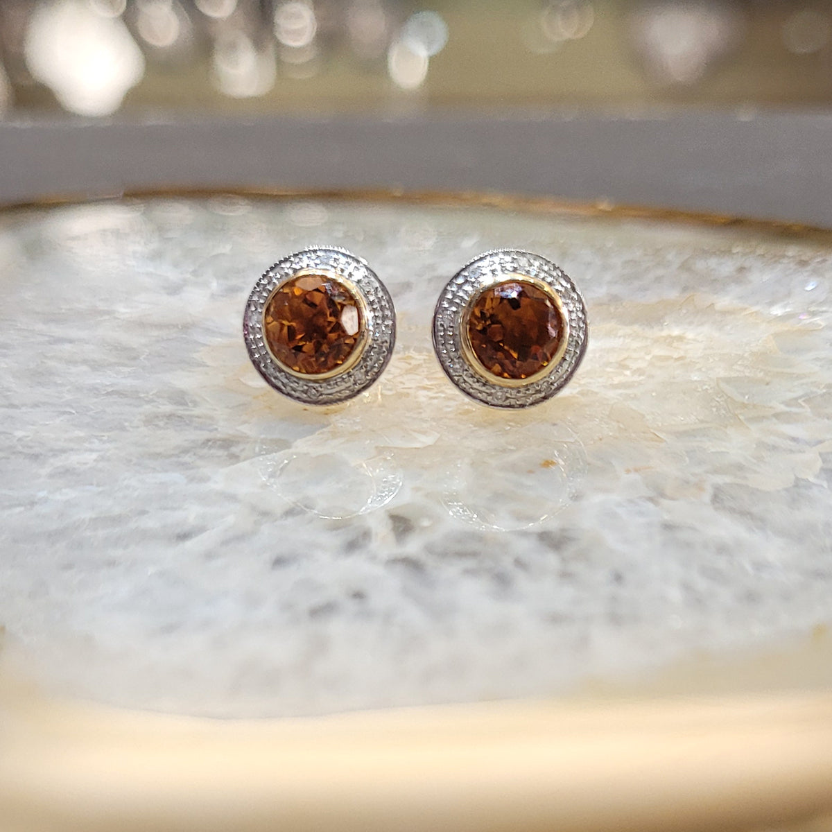 9ct Yellow Gold Citrine & Diamond Stud Earrings