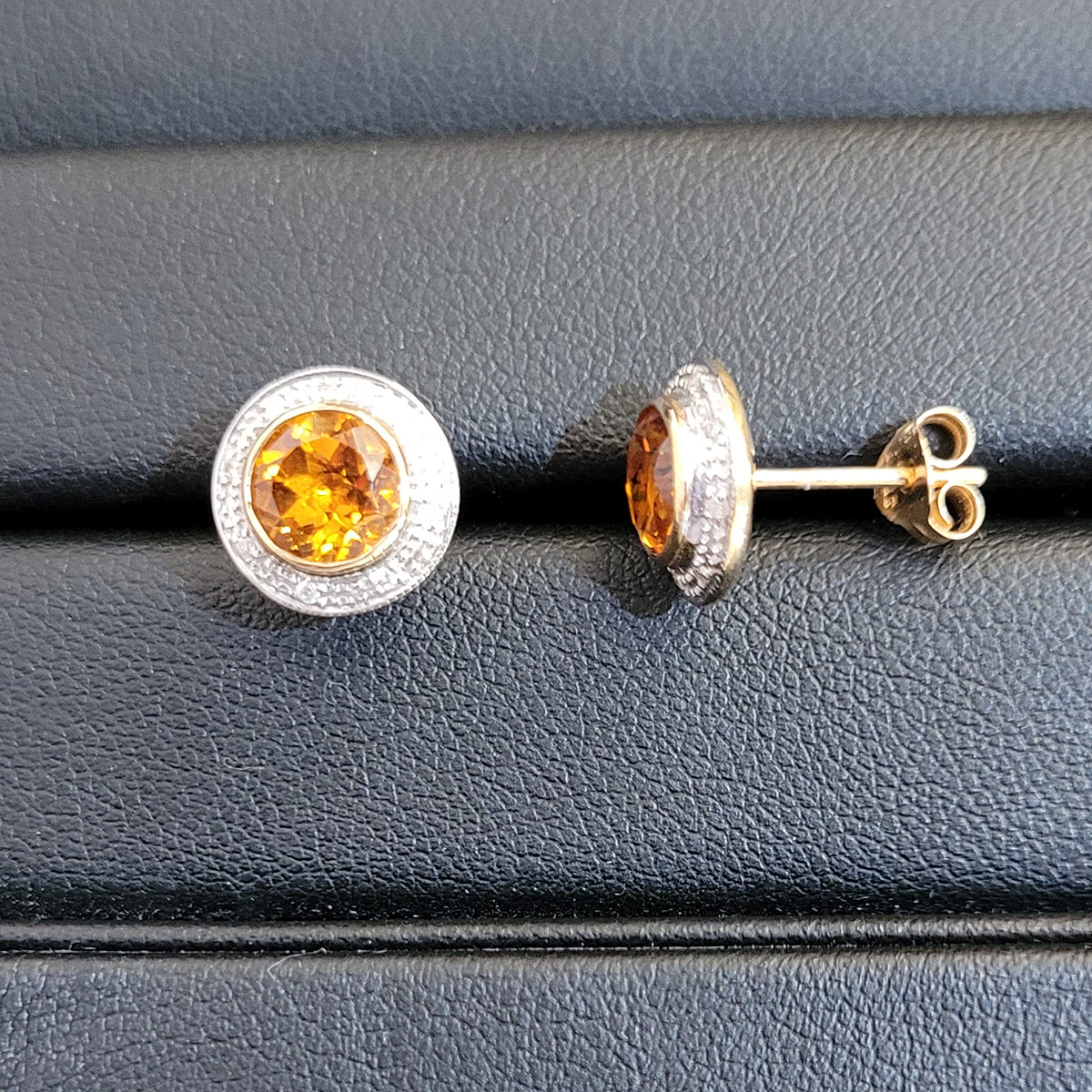 9ct Yellow Gold Citrine & Diamond Stud Earrings