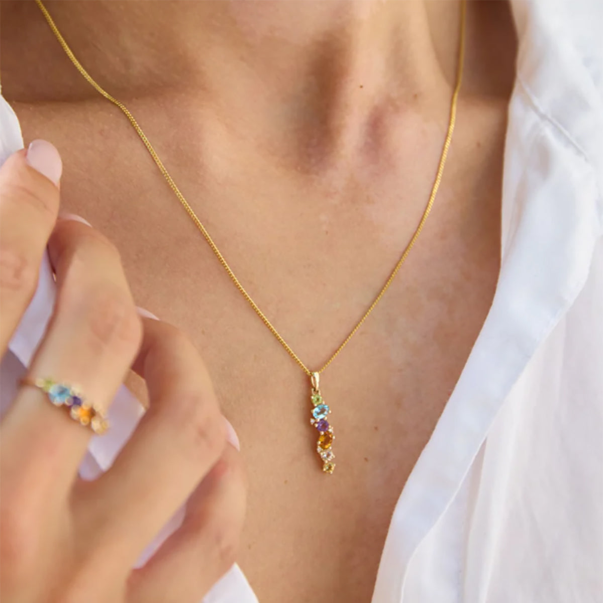 9ct Yellow Gold Multi Gem Pendant Necklace