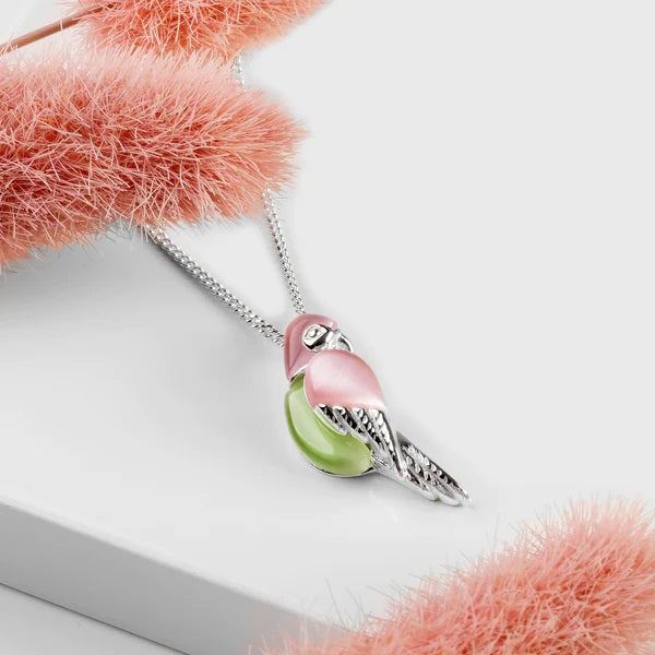 Sterling Silver Pink and Green Parrot Necklace