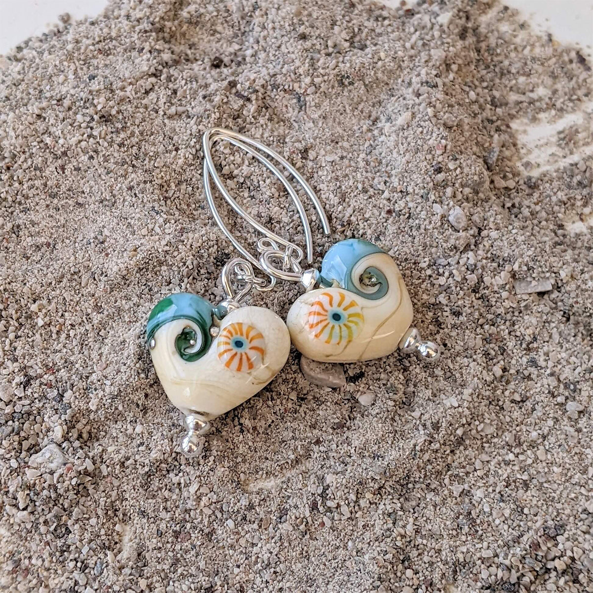 Beach Art Glass - Sand & Sea Heart Drop Earrings