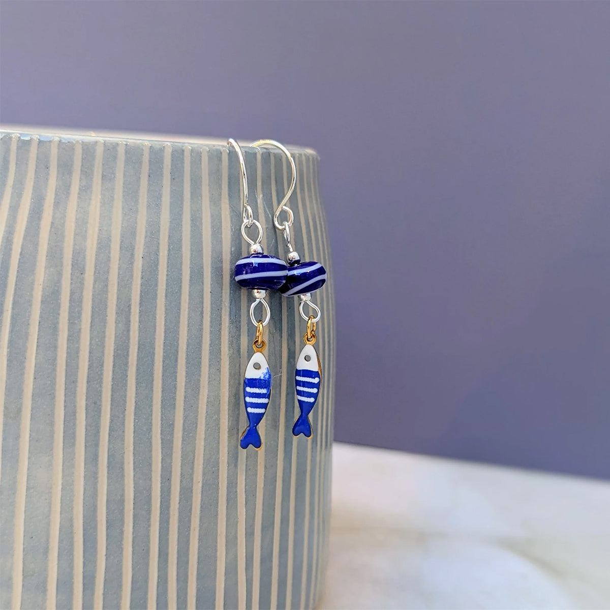 Beach Art Glass Stripy Fish Drop Earrings