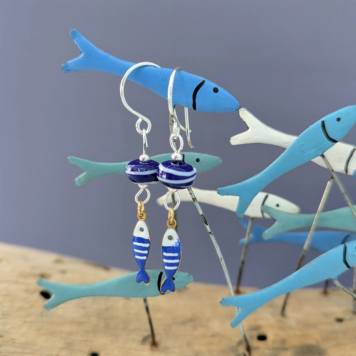 Beach Art Glass Stripy Fish Drop Earrings
