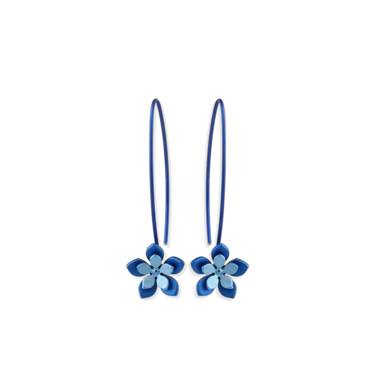 Titanium Blue Double 5 Petal Flower Drop Earrings
