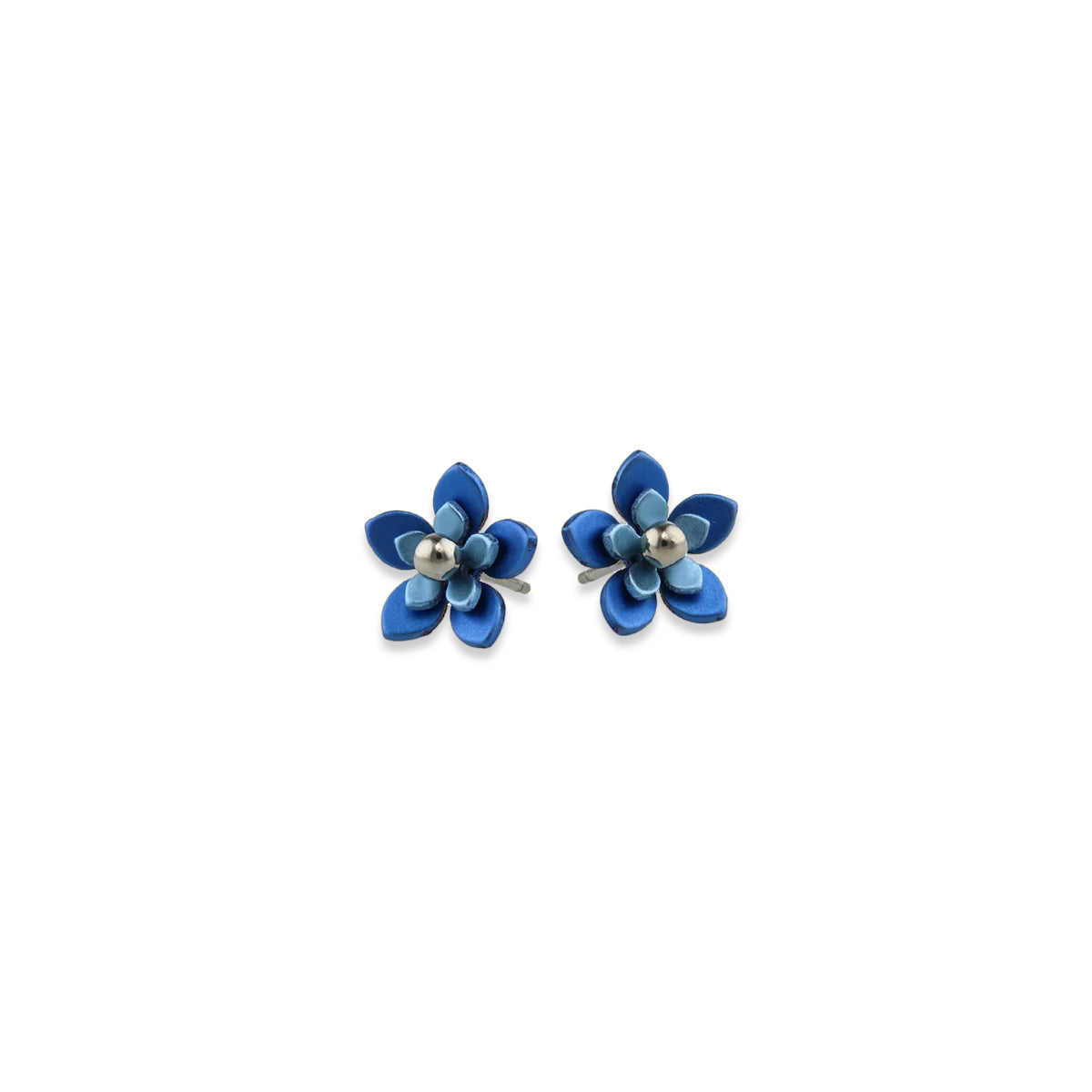 Titanium Blue Double Five Petal Flower Stud Earrings