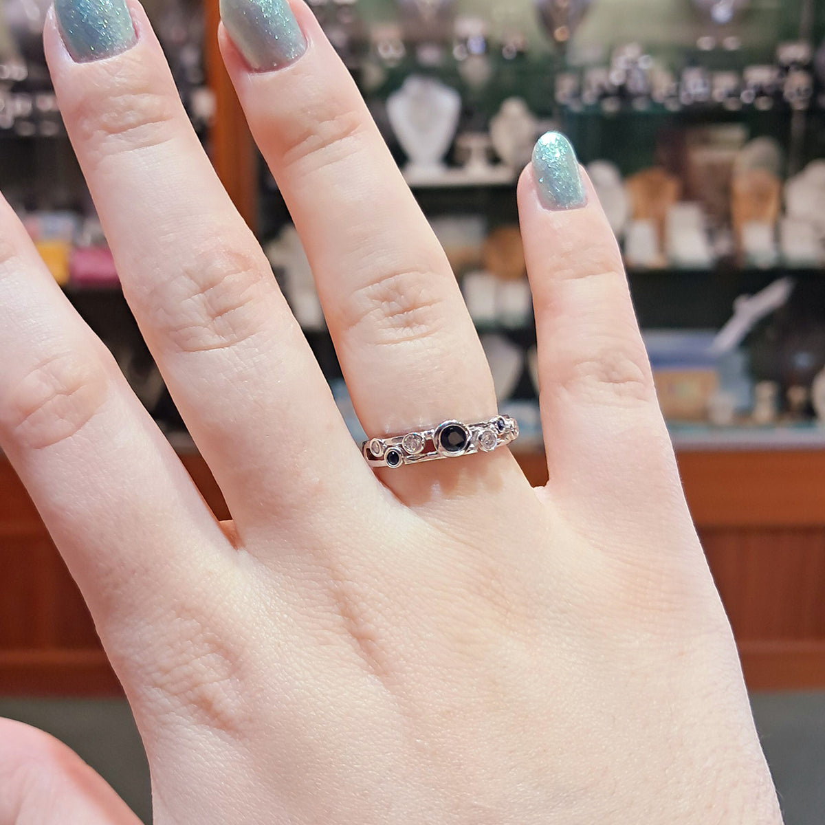 9ct White Gold Sapphire & Diamond Bubble Ring