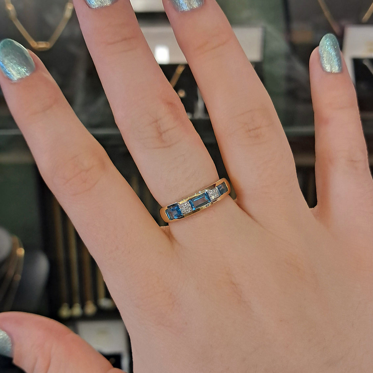 9ct Yellow Gold Blue Topaz & Diamond Eternity Ring