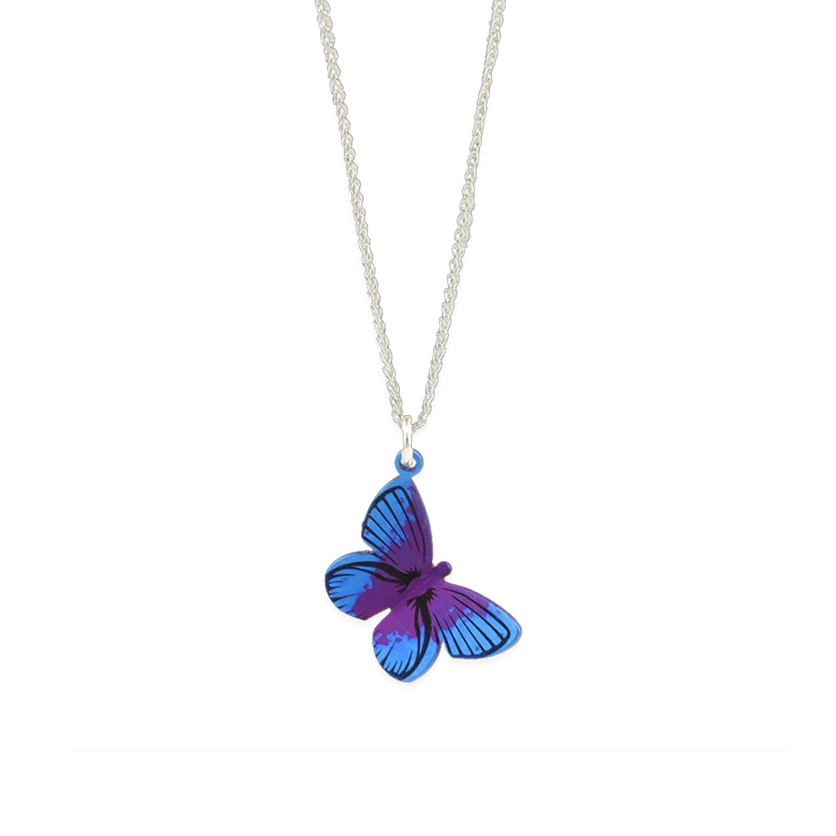 Titanium Large Purple & Blue Butterfly Pendant Necklace