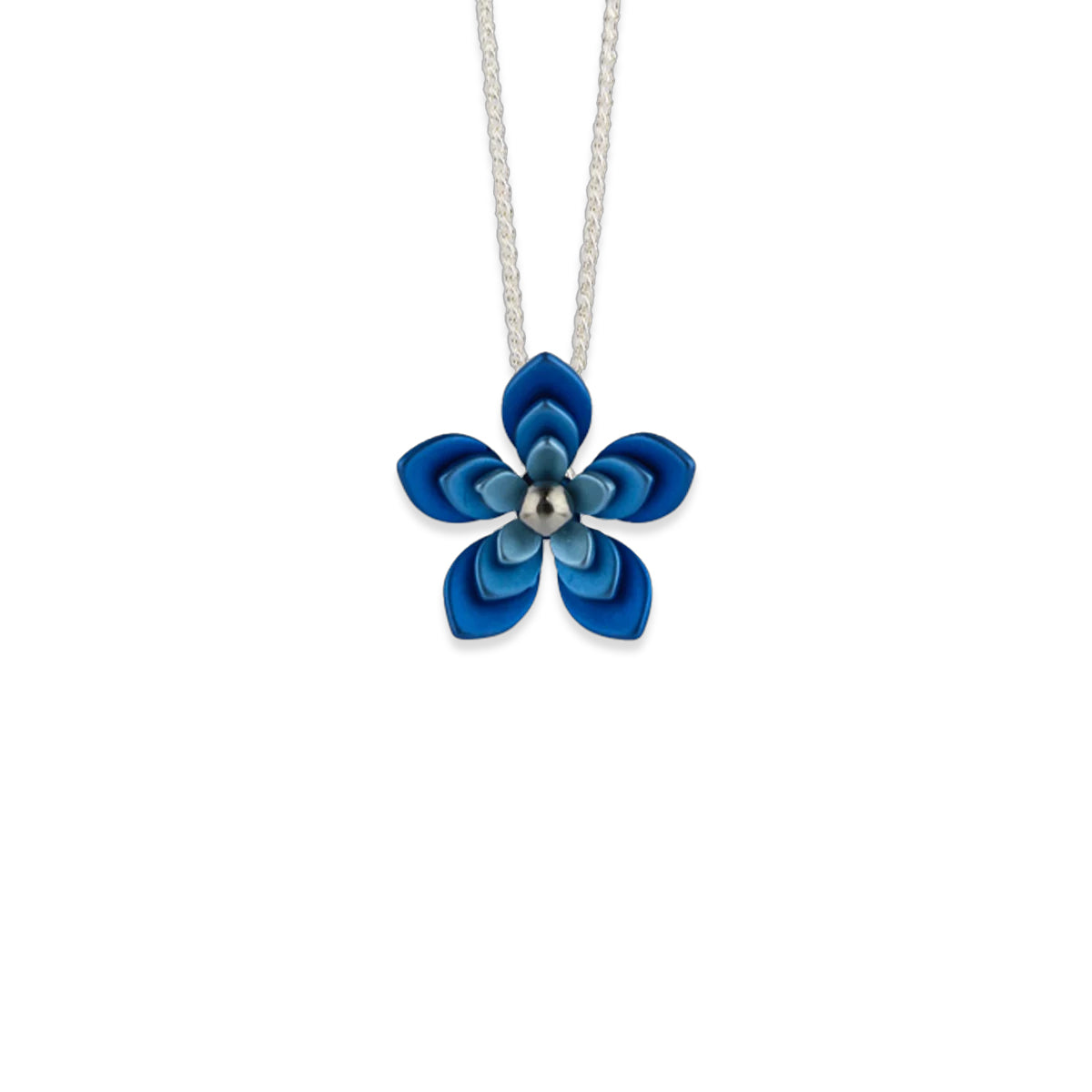 Titanium Triple 5 Petal Flower Dark Blue Pendant Necklace
