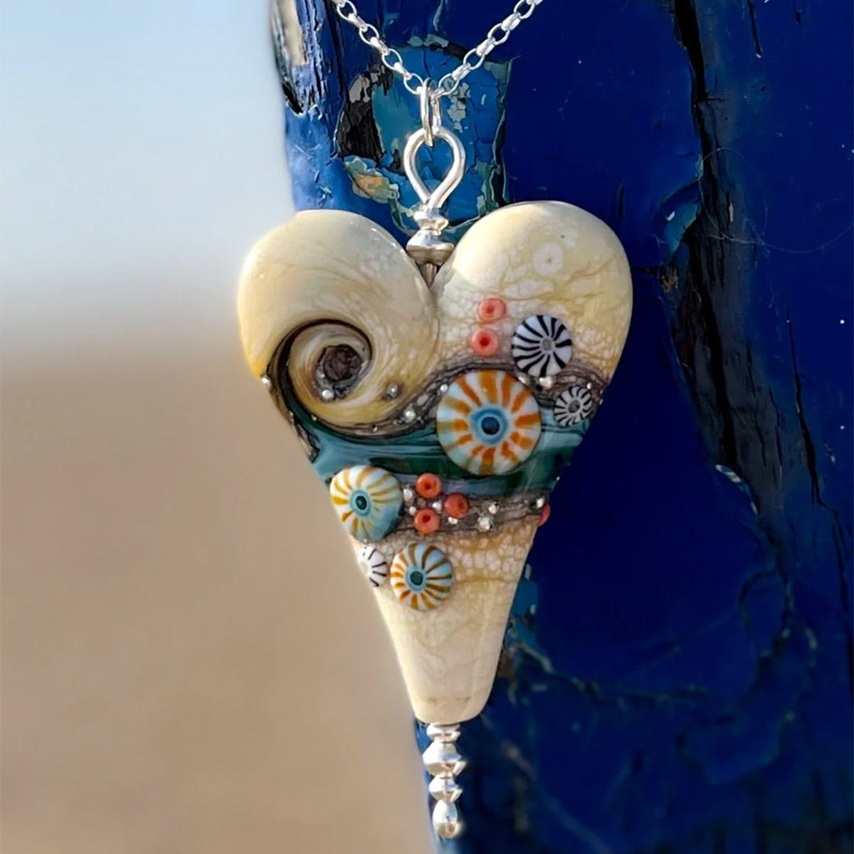 Beach Art Glass Sand & Sea Very Long Heart Pendant Necklace
