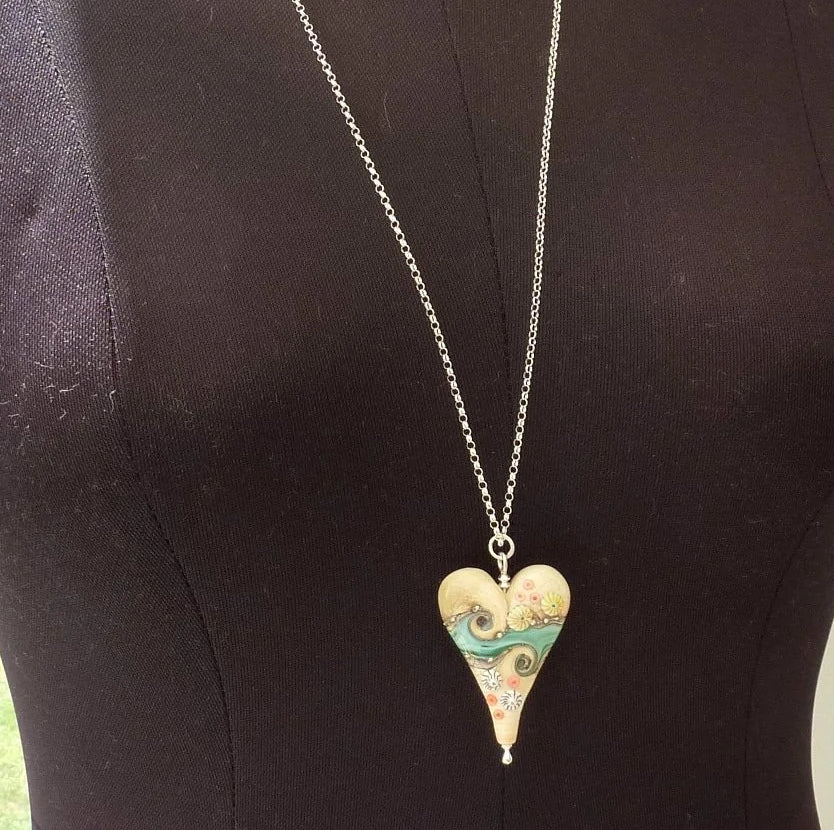 Beach Art Glass Sand & Sea Very Long Heart Pendant Necklace