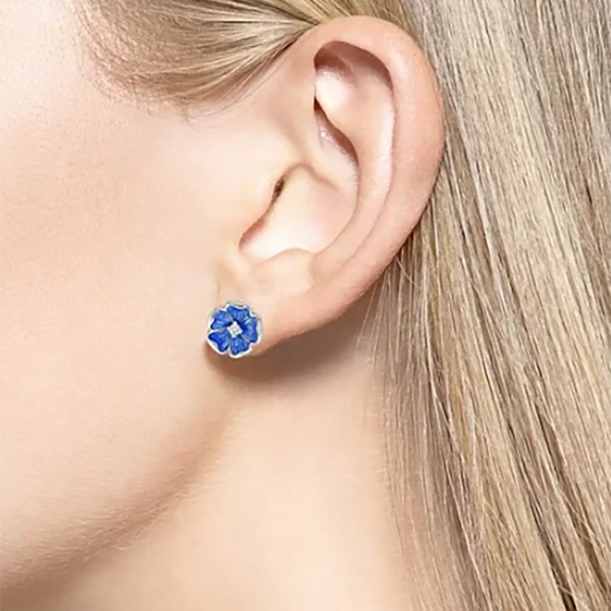 Nicole Barr Blue Enamel Rose Studs with White Sapphires