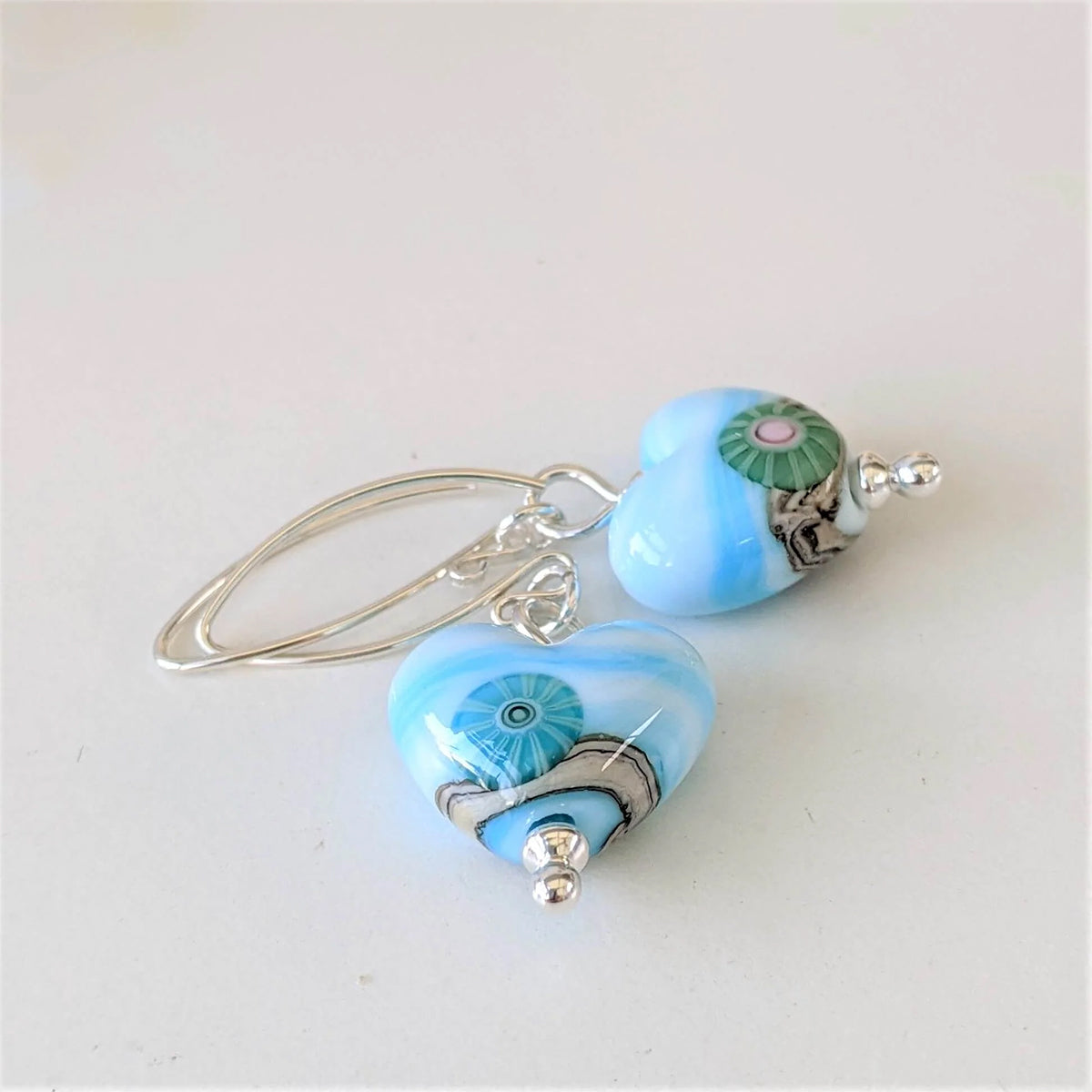 Beach Art Glass Coastal Path Blue Heart Earrings