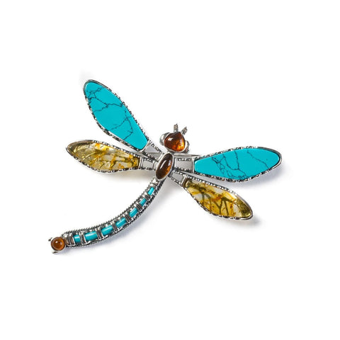 Sterling Silver Dragonfly Brooch with Amber & Turquoise