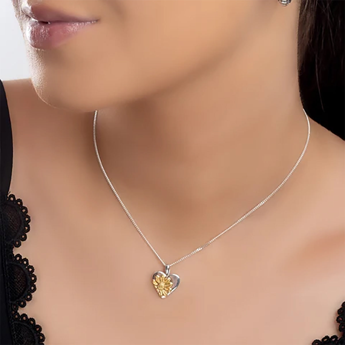 Sterling Silver & Gold Plated Flower Heart Pendant Necklace
