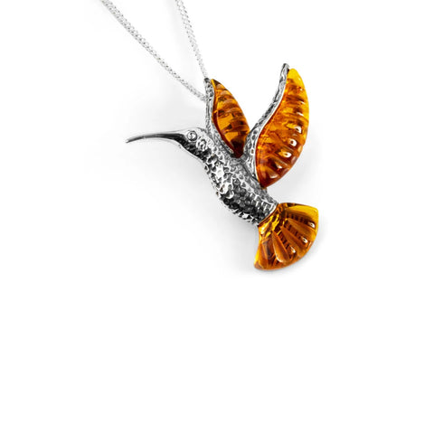 Sterling Silver Flying Hummingbird Pendant Necklace with Amber