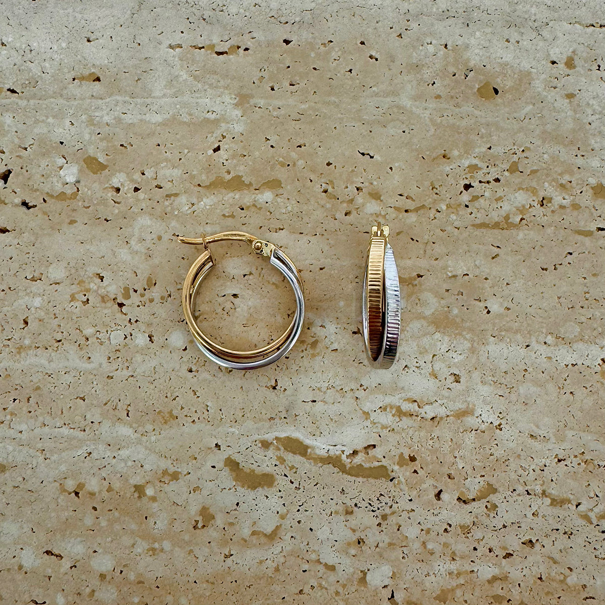 9ct Yellow & White Gold Textured Hoop Earrings