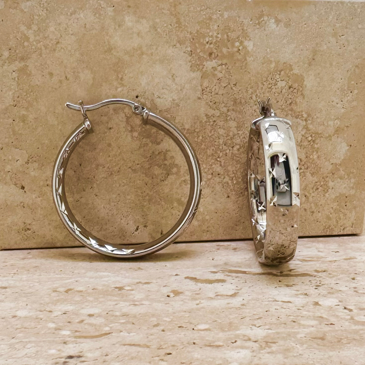 Sterling Silver Large Diamond Cut Hoop Earrings