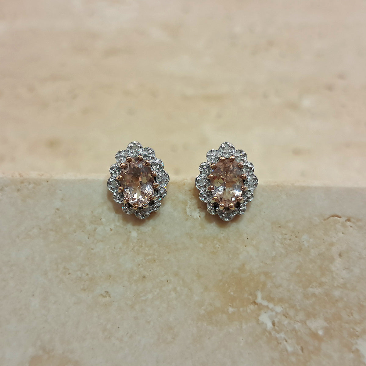 9ct Rose Gold Morganite & Diamond Cluster Stud Earrings