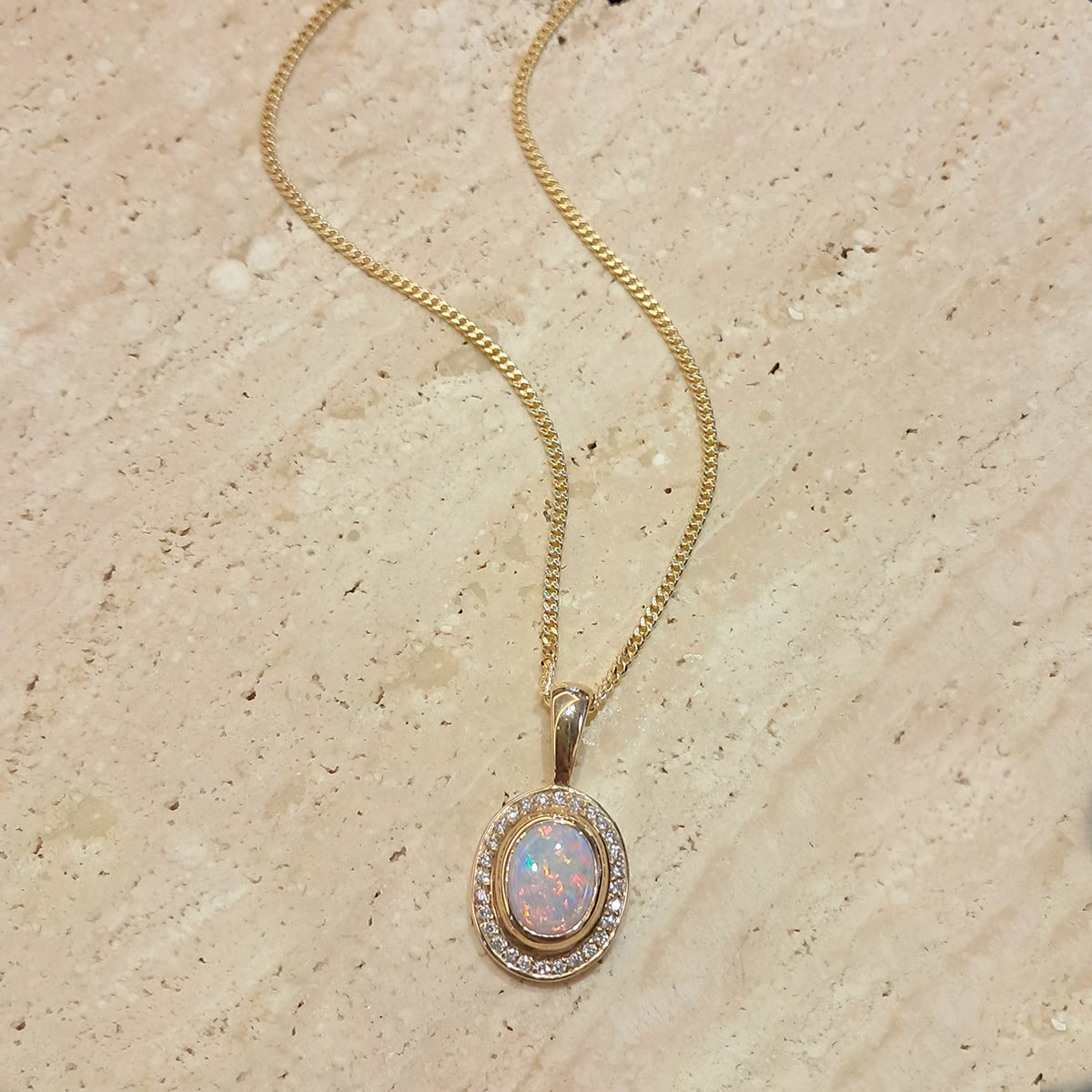 9ct Yellow Gold Australian Opal & Diamond Pendant Necklace