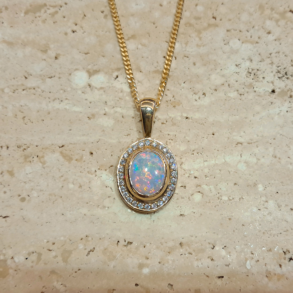 9ct Yellow Gold Australian Opal & Diamond Pendant Necklace