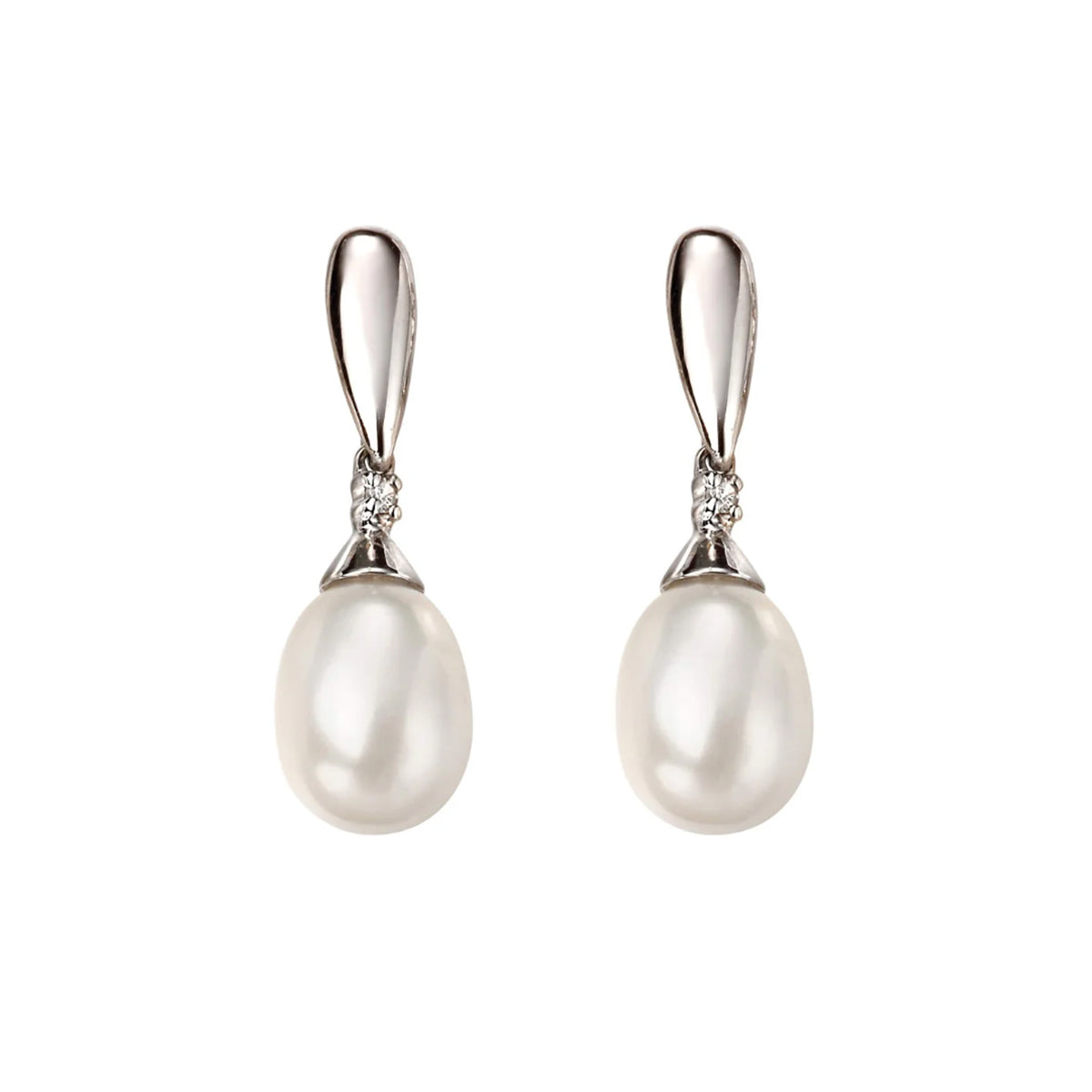 9ct White Gold Freshwater Pearl & Diamond Drop Earrings